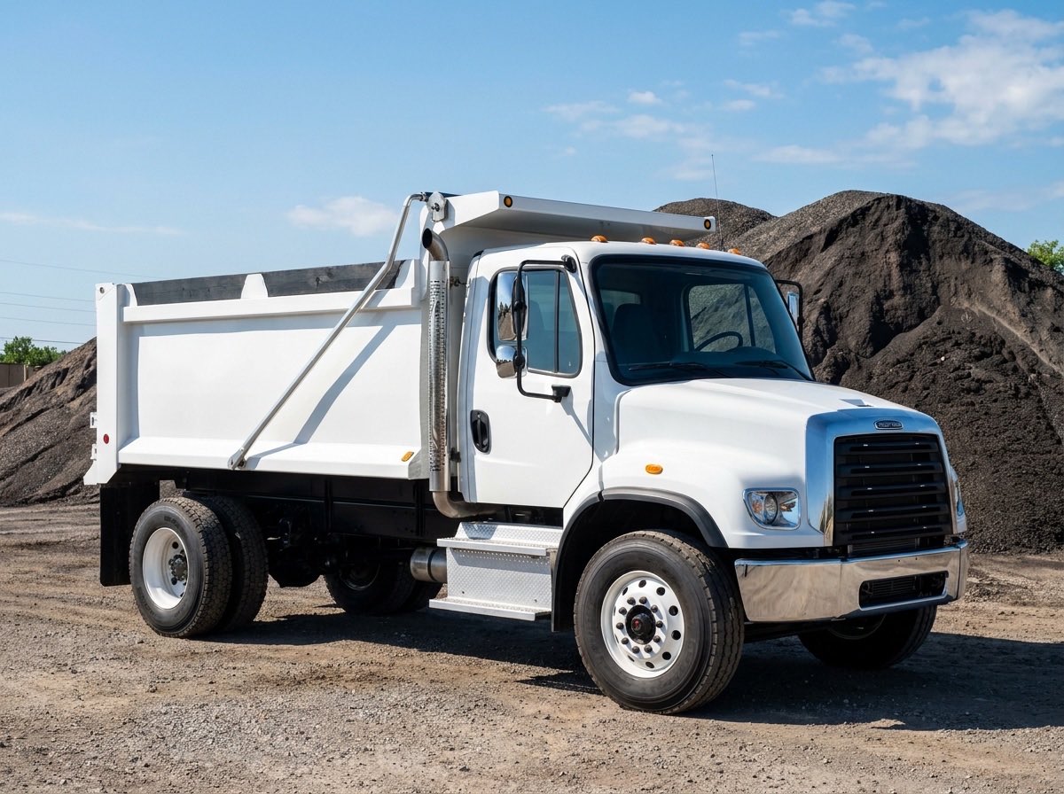 Blue Sands' white Freightliner dump truck at a materials yard