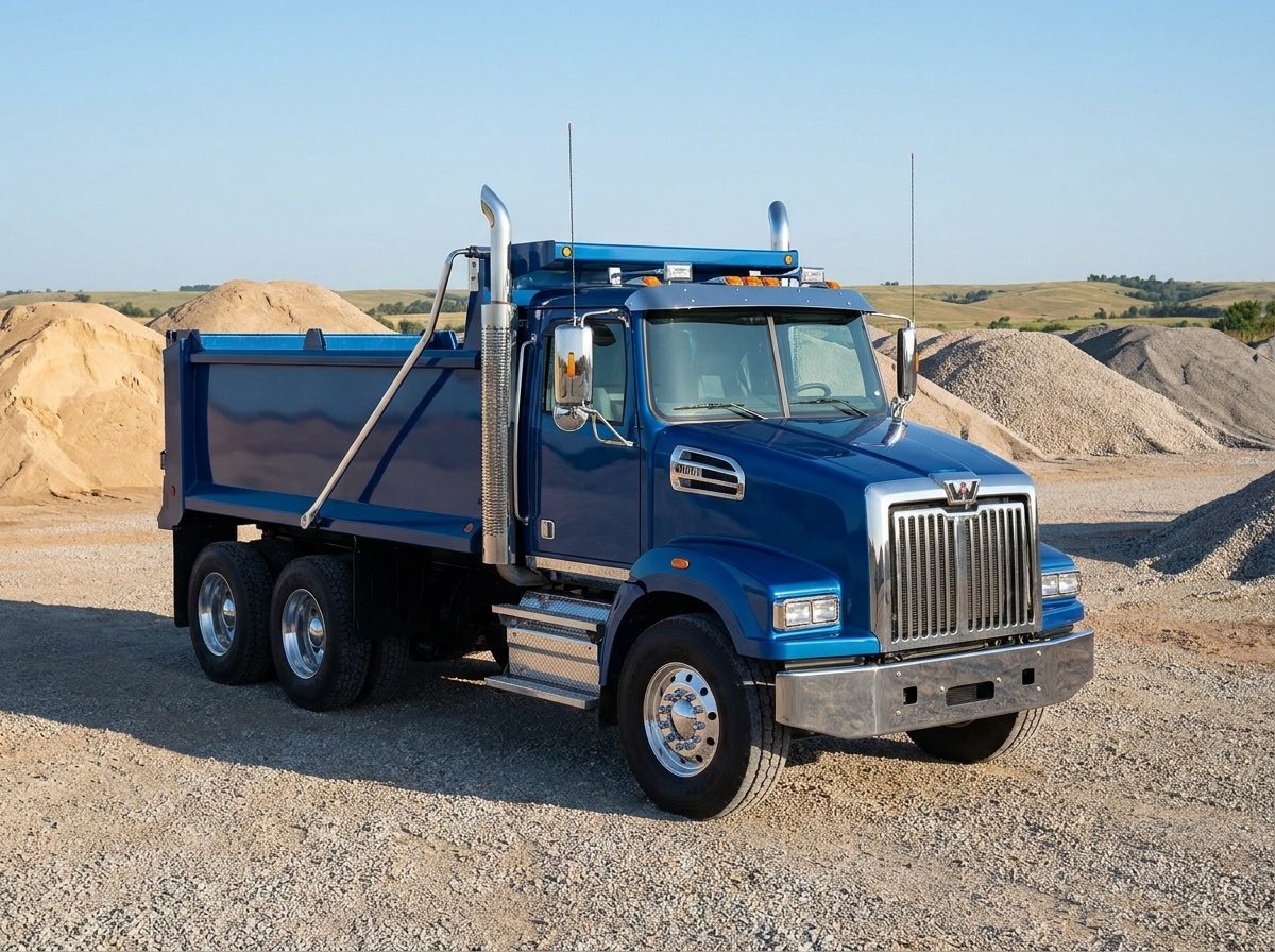 Blue Sands' blue Western Star dump truck parked at a gravel yard